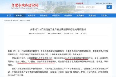 合肥城建局发布滨湖金茂悦承建单位瞒报“1死2伤事故”处理通报