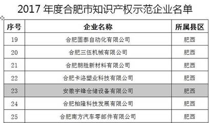 热烈庆祝安徽宇锋荣获“合肥市知识产权示范企业”称号